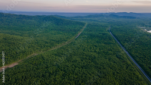 Aerial view of the country road and power lines near to the mountain range, coniferous high forest and the river at summer cloud evening with horizon, yellow color
