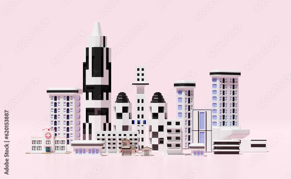 grey skyscraper building icon isolated on pink background. 3d render illustration