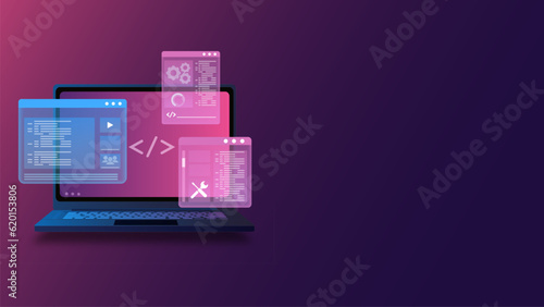 Computer Programing, Coding, Web Development with Isometric Laptop Displaying Futuristic UI
