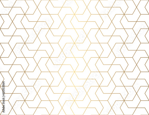 Seamless gold grid line hexagon pattern. Luxury repeat background vector for print artwork.