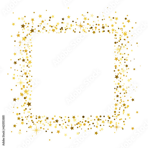 Gold flying star confetti square frame, holiday sparkle stardust border.