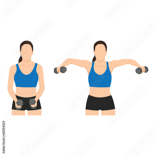Woman doing Lateral side shoulder dumbbell raises. Power partials exercise. Flat vector illustration isolated on white background