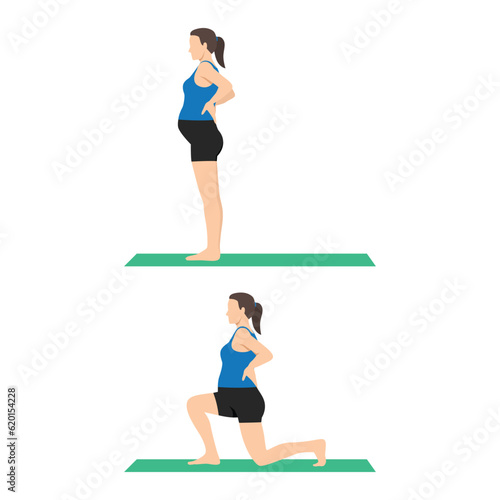 Side view of pregnant woman doing reverse lunges. prenatal fitness. Flat vector illustration isolated on white background