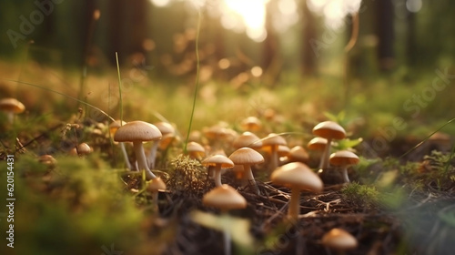 Bright forest clearing,beautiful sunlight and seasonal nature background with bokeh and short depth of field. Close-up with space for text, close-up on wildlife nature mushrooms , Generative Ai