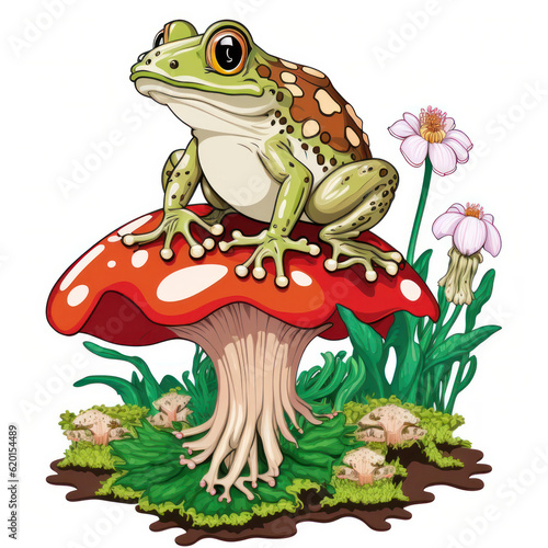 drawing of a cute frog with a mushroom for a children's book or postcard. Generative AI. 