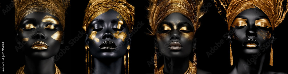 the art of beautifying the body. 4 african american beauties with graphic gold pattern on face and body.set. body painting with ethnic motifs and ornament.Banner or poster,Generative AI