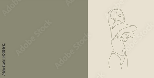 Girl in underwear on a green background. Card design template. Sex shop design. Pole dancer. Female sexuality. Vector illustration in line art style