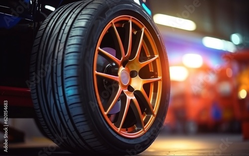 A close up of a tire on a car. AI