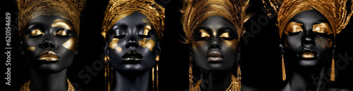 the art of beautifying the body. 4 african american beauties with graphic gold pattern on face and body.set. body painting with ethnic motifs and ornament.Banner or poster,Generative AI