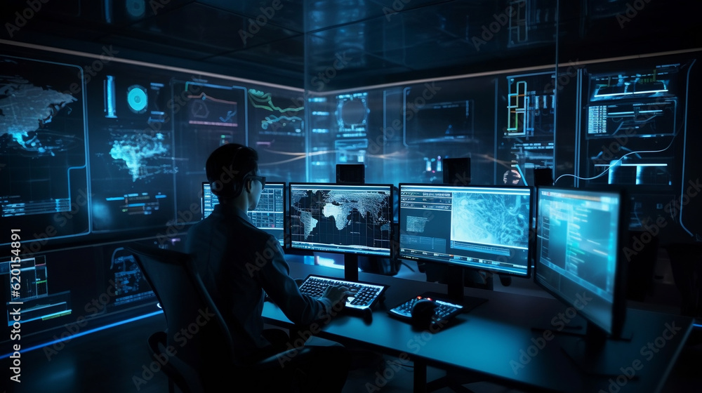 An analyst uses a computer and dashboard for data business analysis and Data Management System with KPI and metrics connected to the database for technology finance; operations; sales, Generative Ai An analyst uses a computer and dashboard for data business analysis and Data Management System with KPI and metrics connected to the database for technology finance; operations; sales, Generative Ai