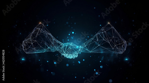 Abstract image of Business handshake in glowing blue. Low polygon, particle, and triangle style design.Wireframe light connection structure or points, lines, and shapes in the form of , Generative Ai