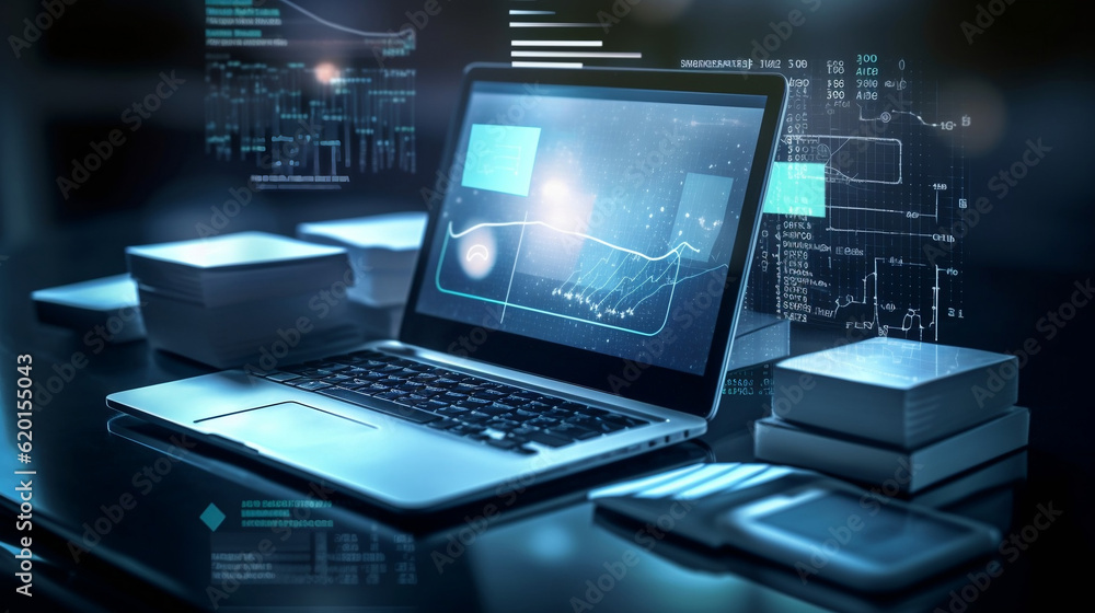 Computer laptop and dashboard for data business analysis and Data Management System with KPI and metrics connected to the database for technology finance, operations, sales, marketing, Generative Ai Computer laptop and dashboard for data business analysis and Data Management System with KPI and metrics connected to the database for technology finance, operations, sales, marketing, Generative Ai