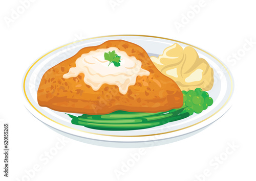 Fried steak with mashed potatoes and vegetable garnish vector illustration. Fried schnitzel with mashed potatoes, peas and green beans icon vector. Chicken cutlet with creamy gravy on a plate drawing