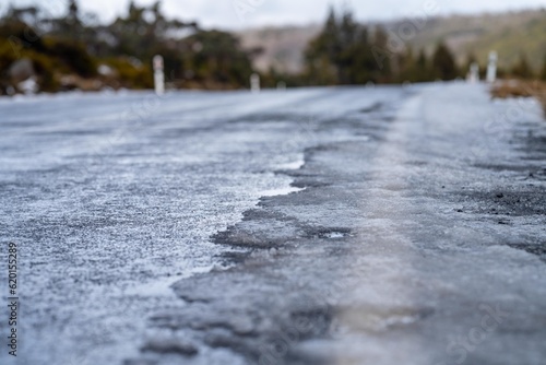 ice on the road on a mountain in winter photo