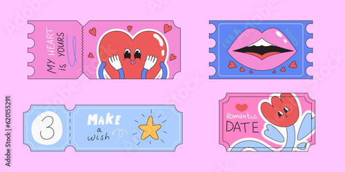 Love Coupons for boyfriend or girlfriend. Valentines day tickets. Love, romance concept. Hand drawn voucher vector set with groovy funky cute characters for stickers or print. Creative date gift.