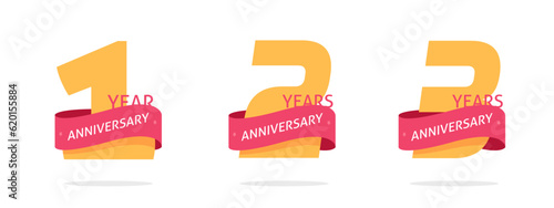 1 2 3 year anniversary banner celebrate vector icon logo ribbon graphic, 1st 2nd 3rd gold red jubilee birthday card element illustration, yellow festive card award image clipart