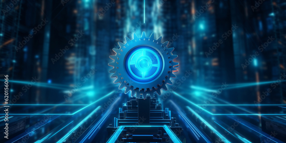 Obraz premium Gears and cogs mechanism. Industrial machine, engine. Close-up macro. 3D illustration