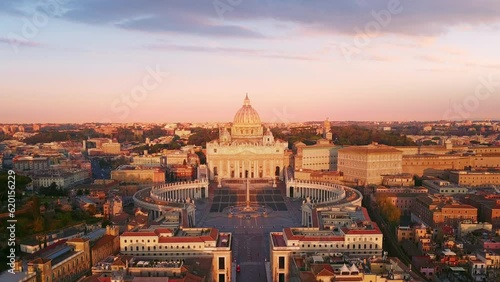 Rome saint peter's basilica aerial view drone seen through a window,camera moving out from inside the room flying over vatican city photo