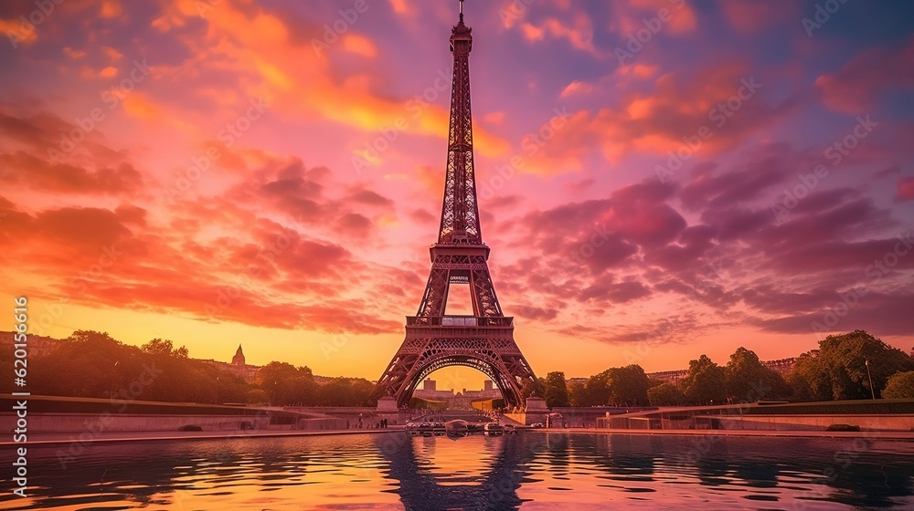 The majestic Eiffel Tower in Paris during evening time Created with Generative Ai technology. - obrazy, fototapety, plakaty 