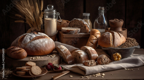 Different kinds of bread with nutrition whole grains on wooden background. Food and bakery in kitchen concept. Delicious breakfast gouemet and meal, Generative Ai