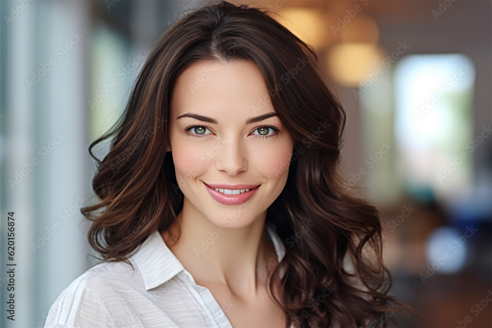 custom made wallpaper toronto digitalportrait of a young woman with dark hair color and hairstyle. Social media content for beauty salons.. Generative AI