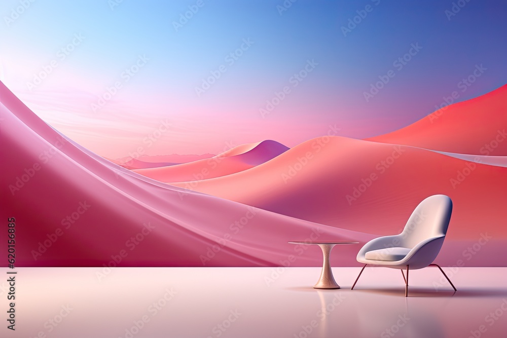futuristic landscapes of tables and chairs in front of a pink desert wall.
