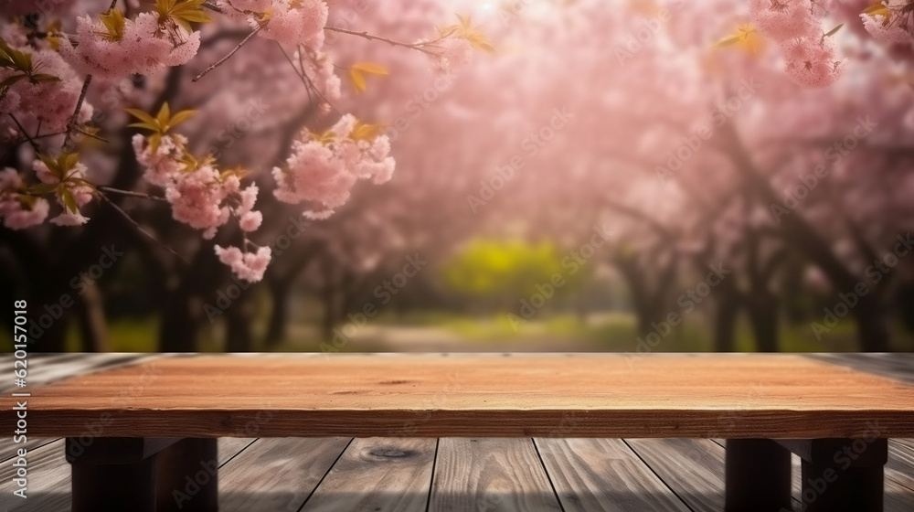 Naklejka premium Empty wooden table in Sakura flower Park with garden bokeh background with a country outdoor theme, Template mock up for display of product, Generative Ai