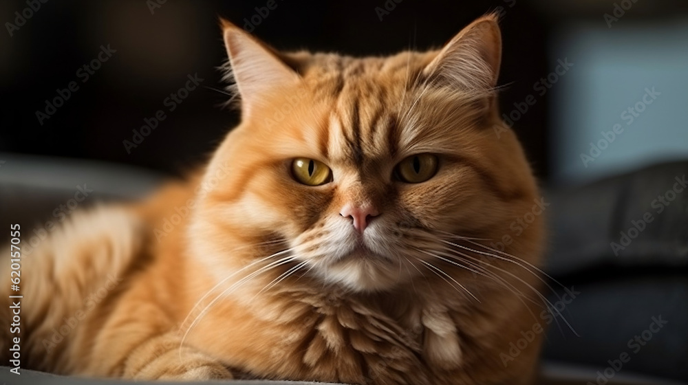 Fat lazy funny Orange tabby cat, chubby and furry pet portrait looking at camera, cute animal, Generative Ai