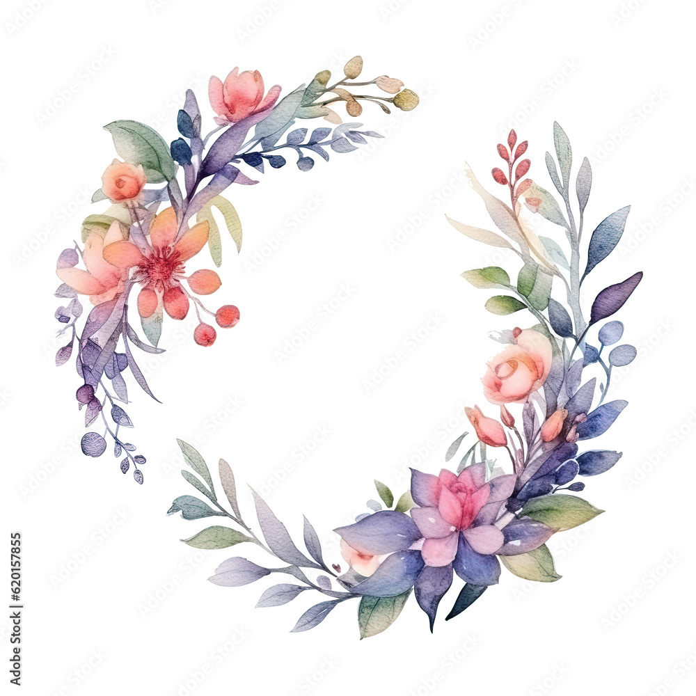 Watercolor boho round floral wedding frame on transparent background. Generative AI