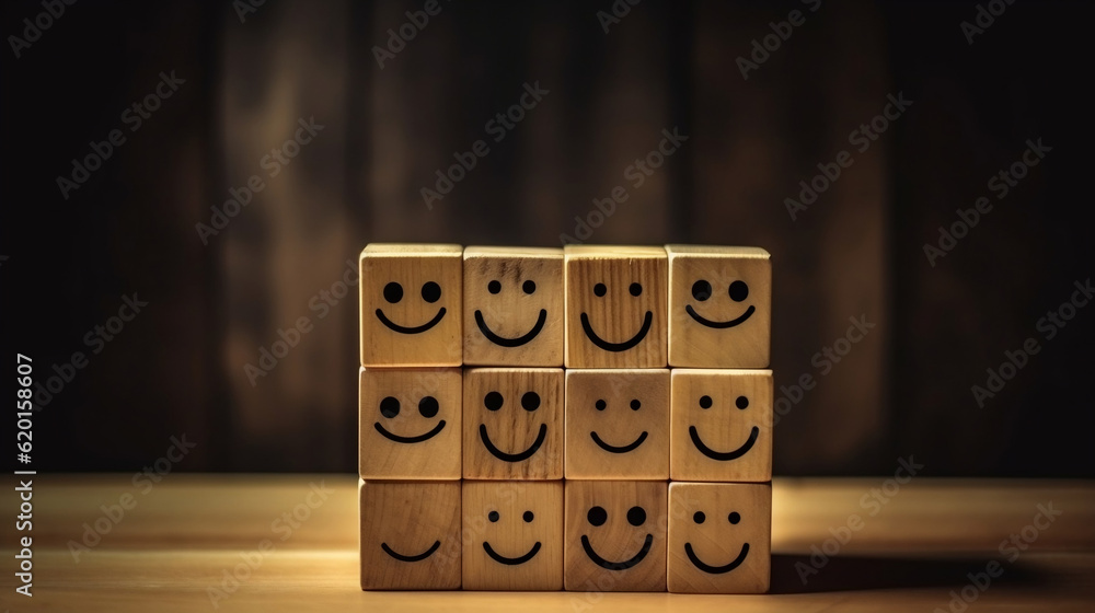 the happy face smile face icon on a wooden cube for Customer service ...