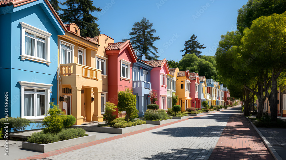 Colorful stucco traditional private townhouses. Residential architecture exterior. Generative AI