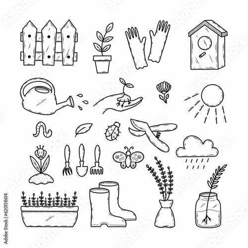 Gardening tools. Vector doodle illustration on ecology and garden plantings.
