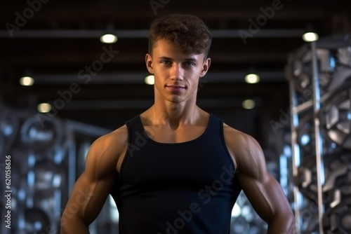 Portrait of attractive young man athlete in sportswear posing at gym.