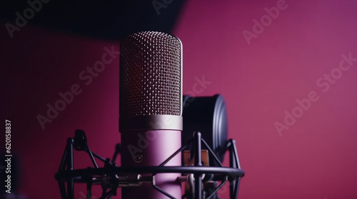 Professional microphone with pink purple background banner, Podcast or recording studio background copy space, Generative Ai
