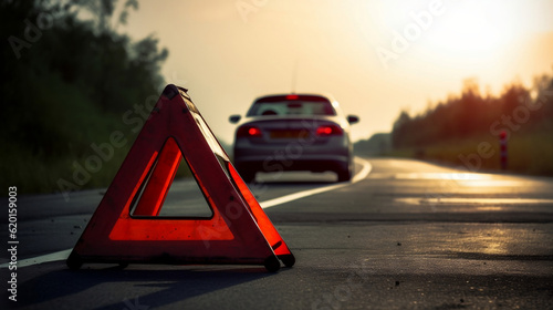 Red emergency stop sign,red triangle warning sign next to highway road, close-up, broken car, breakdown, safe traffic concept, Generative Ai