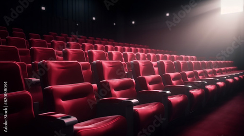 Rows of red velvet seats watching movies in the cinema with copy space banner background. Entertainment and Theater concept. 3D illustration rendering, Generative Ai