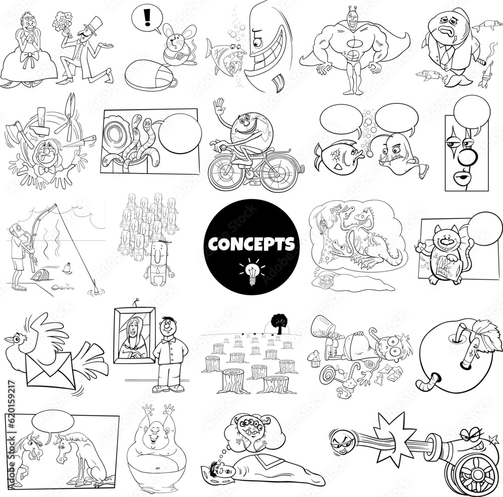 cartoon concepts or metaphors with comic characters set