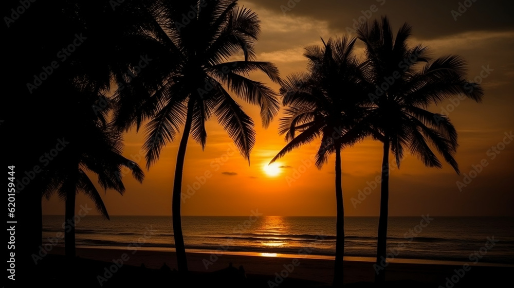 Silhouette of palm trees Beautiful sunset on the tropical sea beach background for travel in holiday relax time, Generative Ai