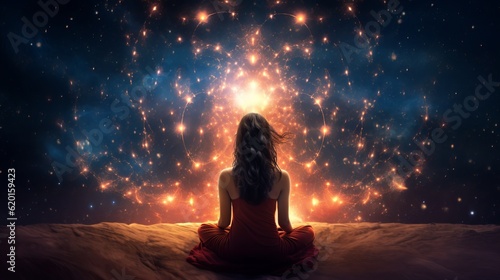 a woman sitting on a bed in front of a firework display