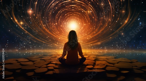 a woman sitting in a meditation position in front of a star filled sky