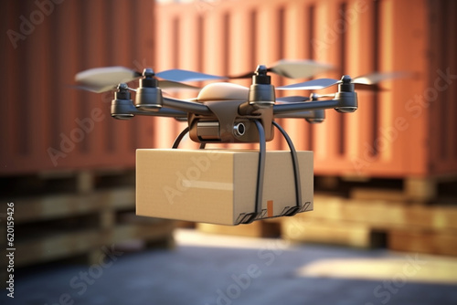 Realistic drone delivering package from warehouse