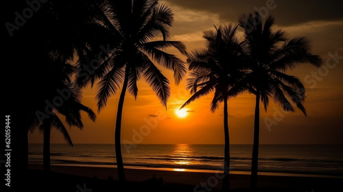 Silhouette of palm trees Beautiful sunset on the tropical sea beach background for travel in holiday relax time  Generative Ai