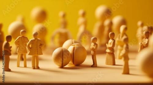 Social gathering and business networking global communication linking line on the wooden figurines group as teamwork community meeting club yellow background  Generative Ai