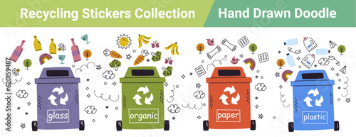 Hand drawn doodle recycling stickers collection, bin, symbol, garbage, recycling, container, green, trash, recycle, dust-bean , environment, clean stay clean, protect environment , green earth, safe