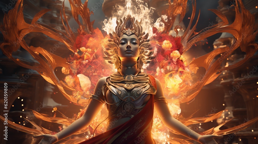 a woman standing in front of a bunch of fire