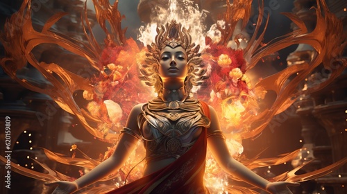 a woman standing in front of a bunch of fire