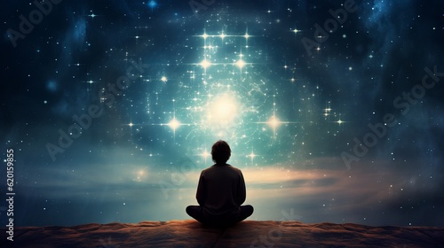 a person sitting in a meditation position in front of a star filled sky