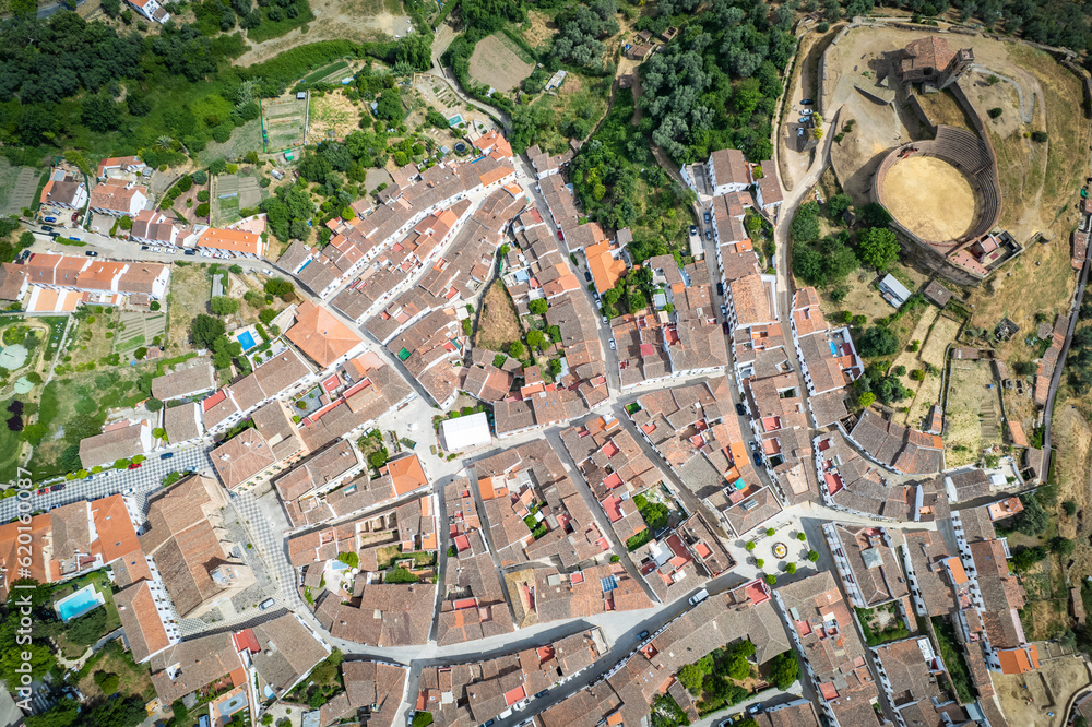 Aerial view of the beautiful Spanish village of Almonaster la Real in southern Spain