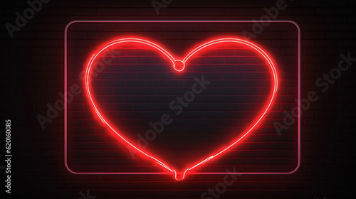 Red heart shape neon light on dark wall backgorund. Abstract and decoration concept. Happy Valentines day element. Sign and symbol electric light glow banner, Generative Ai