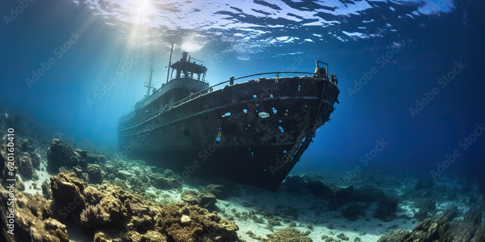 AI Generated. AI Generative. Under water sea ocean scuba difing adventures. Underwater explore trip old histiry ship. Nautical marine deep bluew vibe.Graphic Art